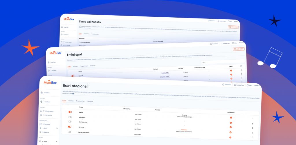 My Moosbox platform mockup: sections for schedule, ads/spots, and seasonal tracks.